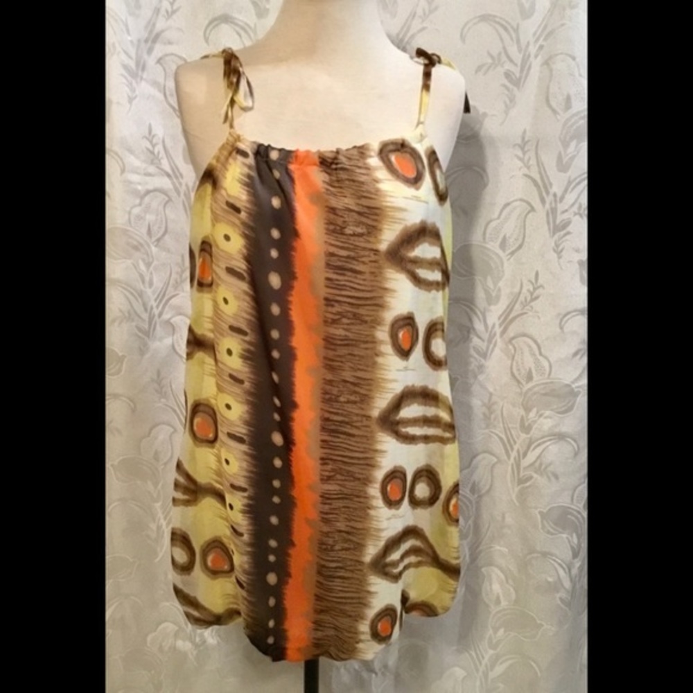 Chelsey  Boho Tank Top Balloon Hem Brown Yellow